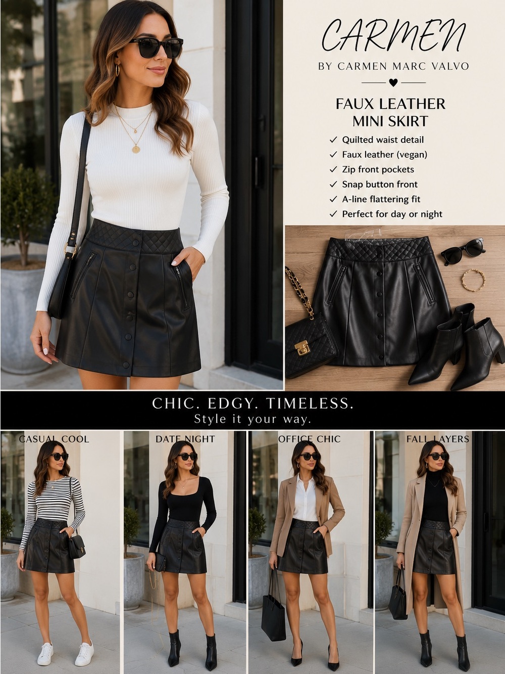 Carmen Marc Valvo Black Quilted-Waist Faux Leather Mini